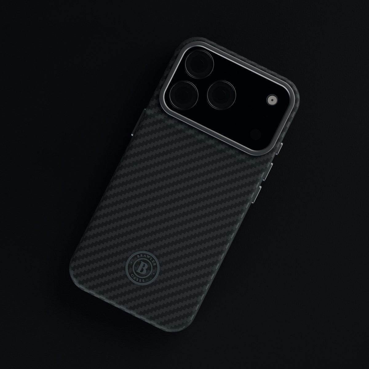 Brawler aramid case in Black, back view with tone-on-tone Black logo
