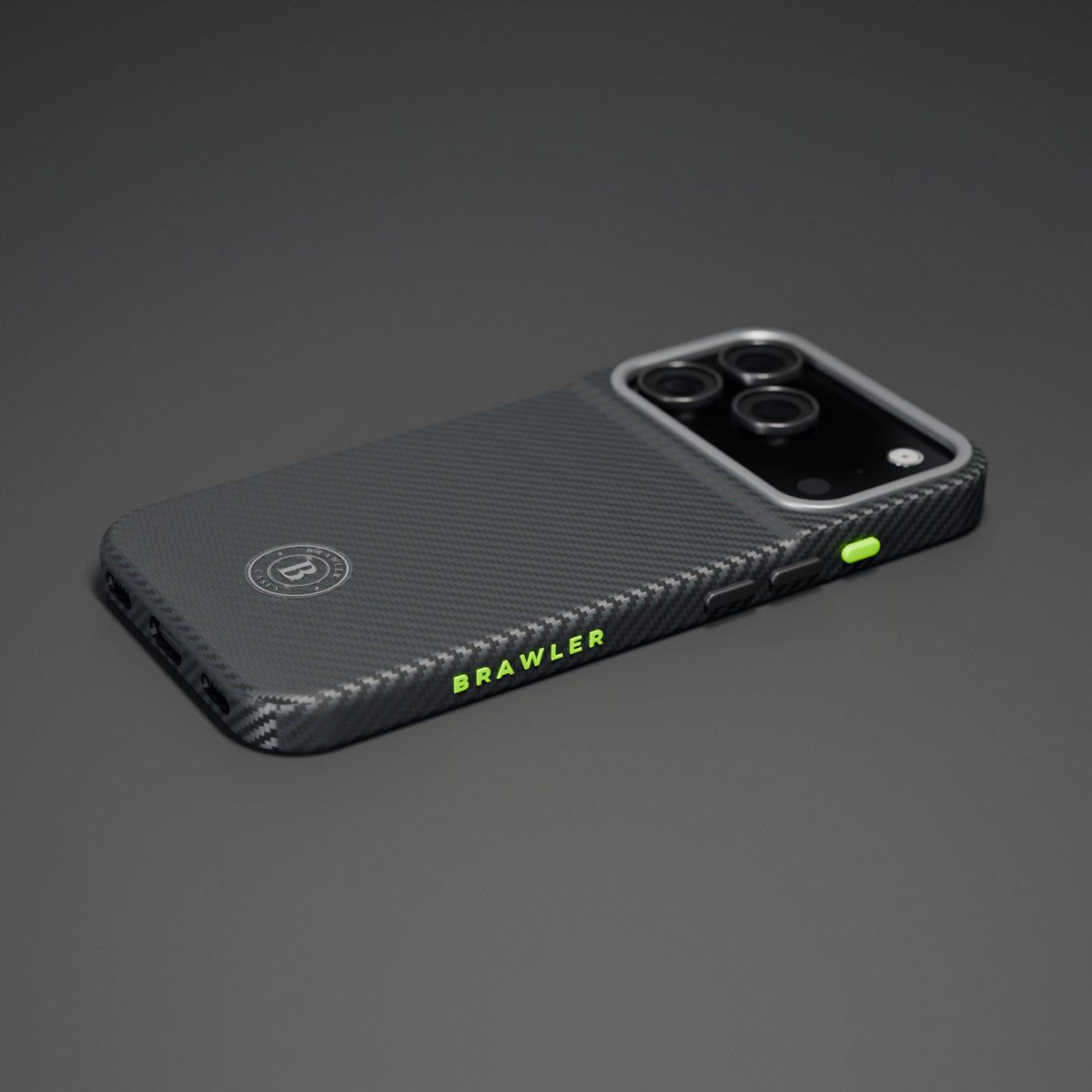 Brawler aramid case in black with lime BRAWLER lettering and lime action button