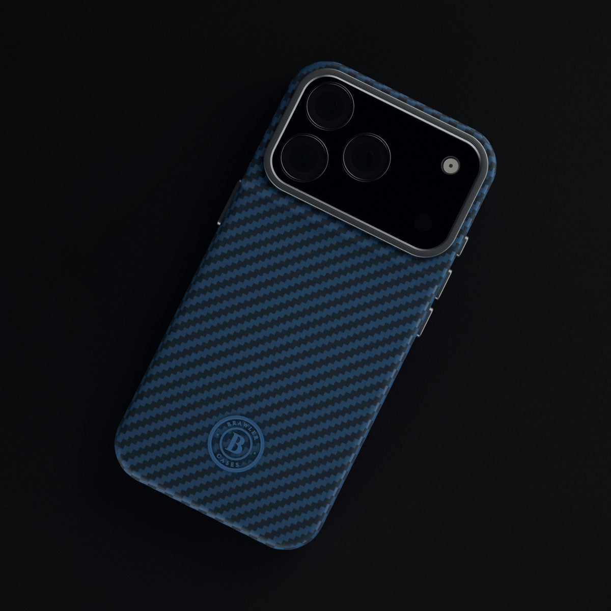 Brawler aramid case in Blue, back view with tone-on-tone Blue logo
