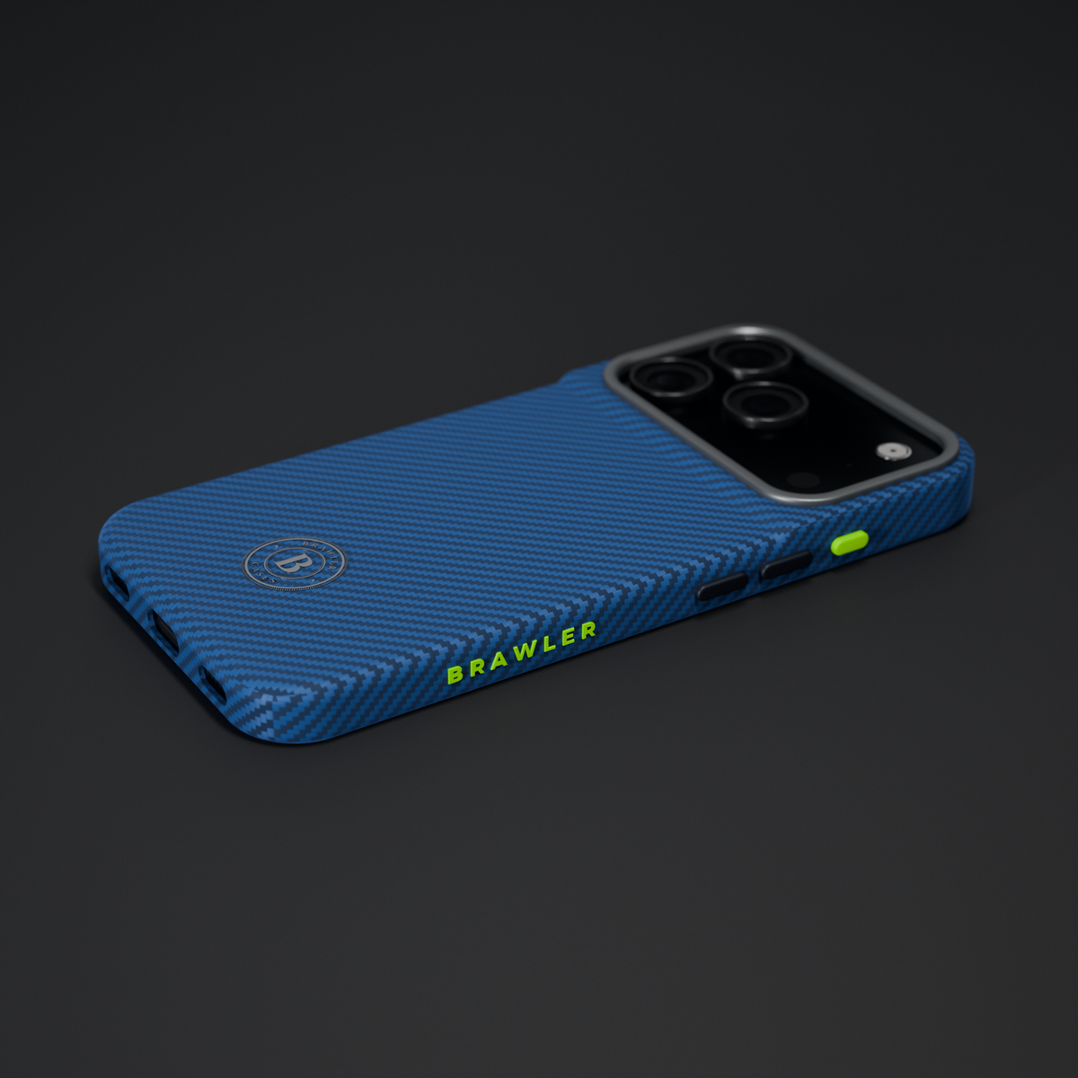 Brawler aramid case in blue with lime BRAWLER lettering and lime action button