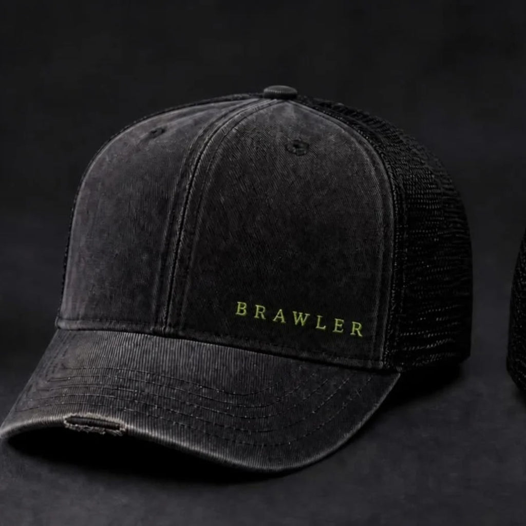 BRAWLER Field Trucker, washed black with lime BRAWLER embroidery, front angle