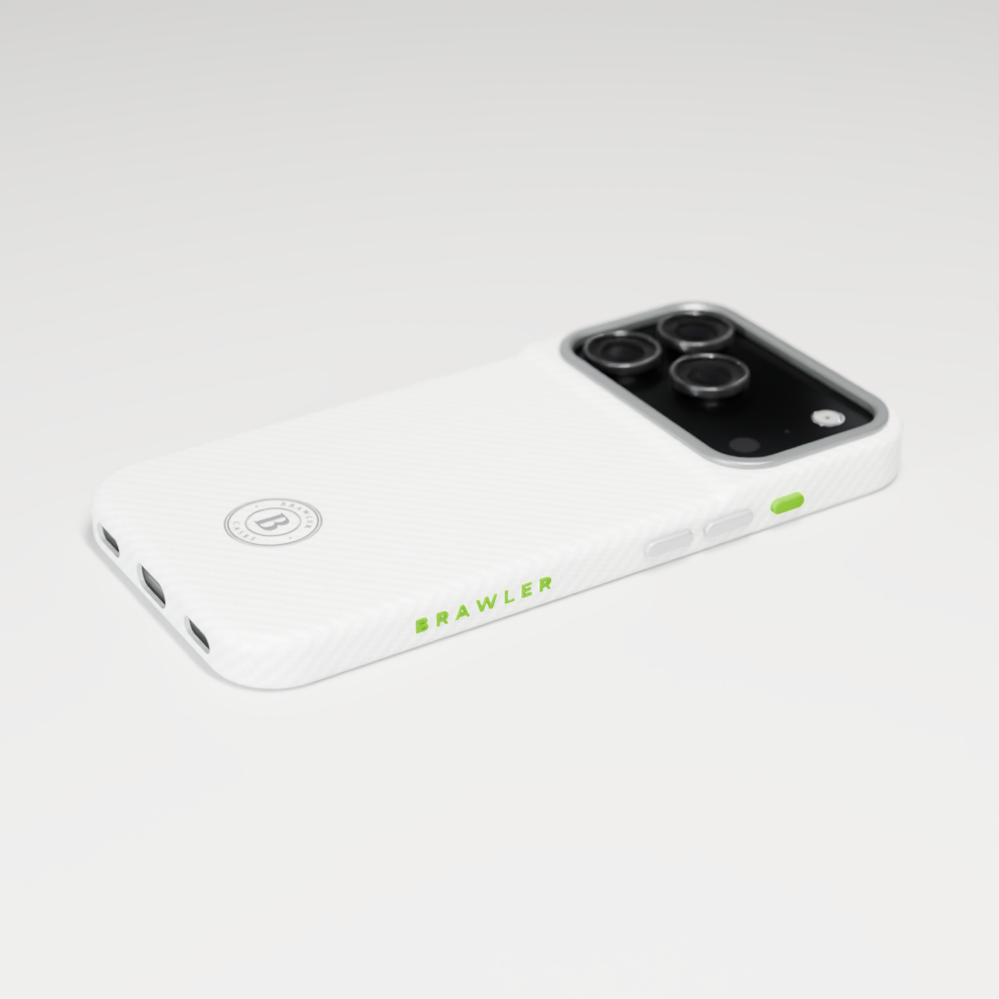 Brawler aramid case in white with lime BRAWLER lettering and lime action button